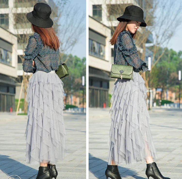 Tutu Tulle Long Maxi Skirt Women Fashion Korean Cute Pink High Waist Pleated Skirt Mesh Female Lady Aesthetic Faldas