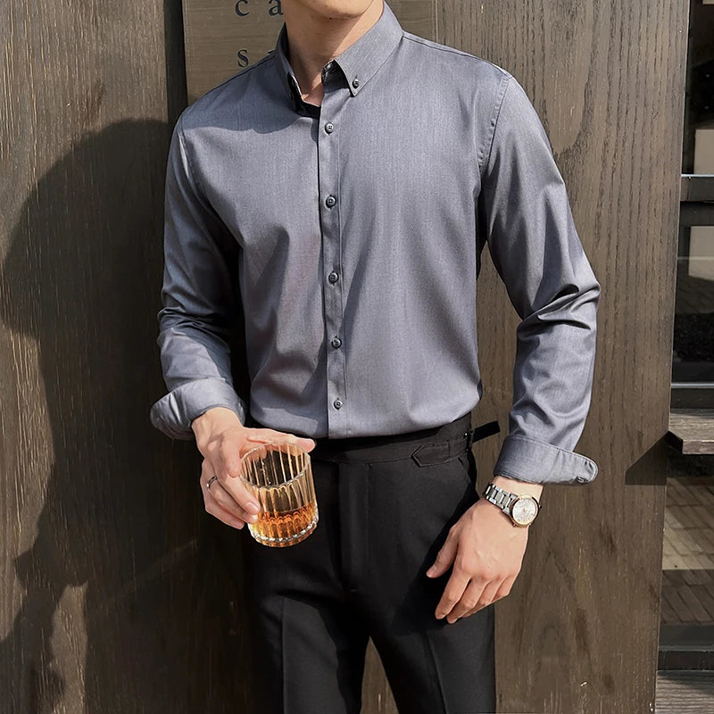 Shirts for Men Long Sleeve British Style Solid Casual Anti-wrinkle Soft Slim Fit Formal Dress Shirt Men Clothing Oversized 7XL-S