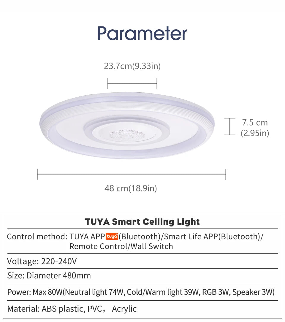 TUYA Music Ceiling Light With Speaker Remote Control APP Dimming Smart RGB LED Lamps Backlight Design Bedroom Living Room Decor