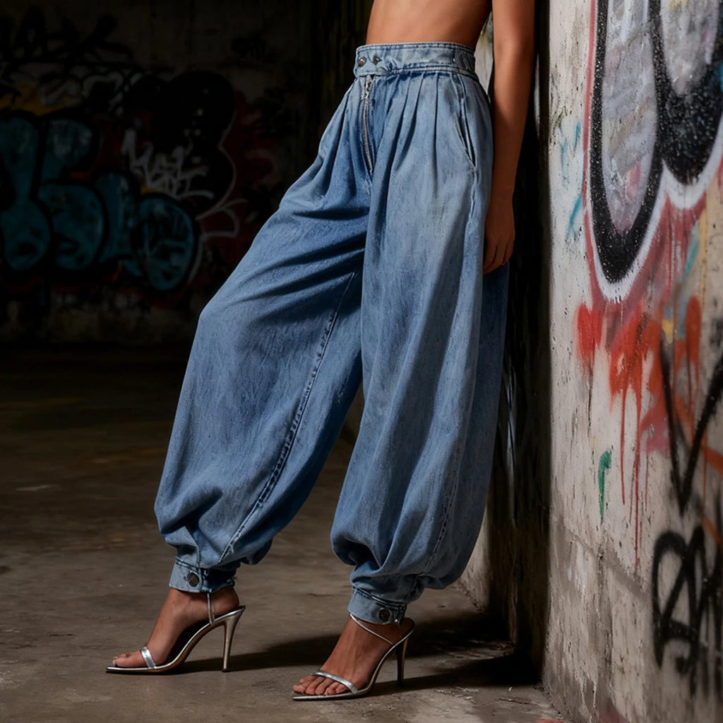Women Y2k Loose Fit Denim Harem Long Pants Button Zipper High Waist Pleated Bloomers Wide Leg Baggy Trousers with Pockets