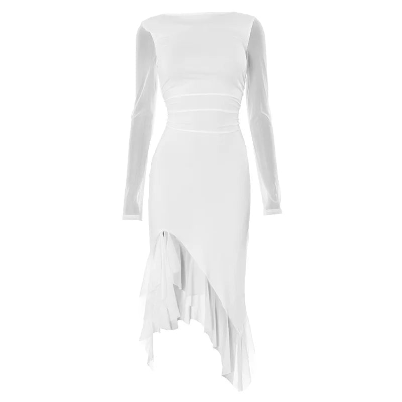 Spring Autumn New Pure Color round Neck Mesh Panel Long Sleeve Slit Lace Trim Sexy Dress Elegant Women's Fashion Skirt