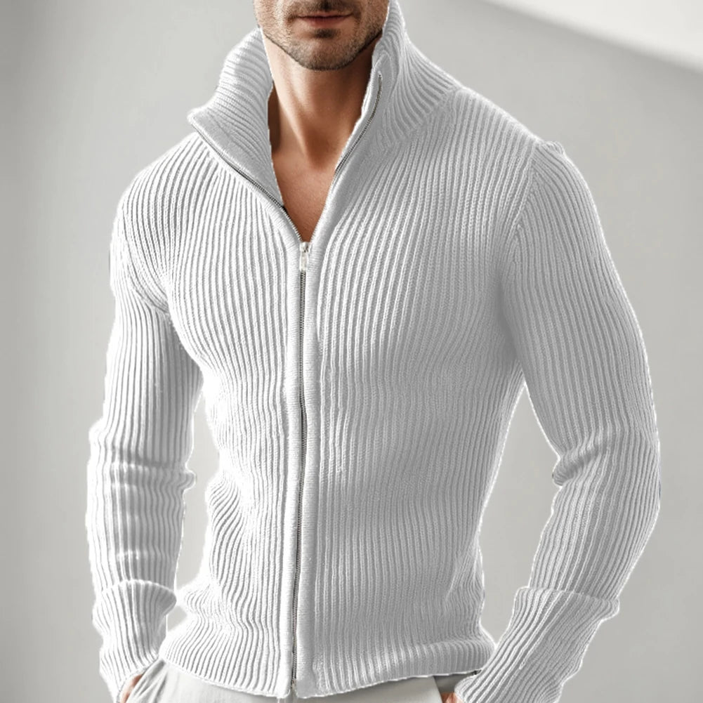 Men Full Zip Stand Collar Cardigan Sweater Knitted Thick Warm Outerwear Jacket for Daily Casual and Outdoor Wear in Cold Weather