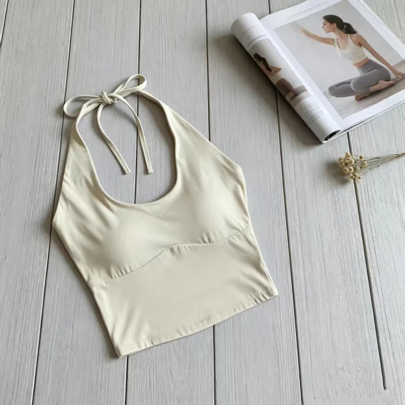 Women Halter Tie‑Up U‑Neck Yoga Sports Top Stylish Design Breathable Comfortable Integrated Fixed Cup Cropped Tank Top Fitness