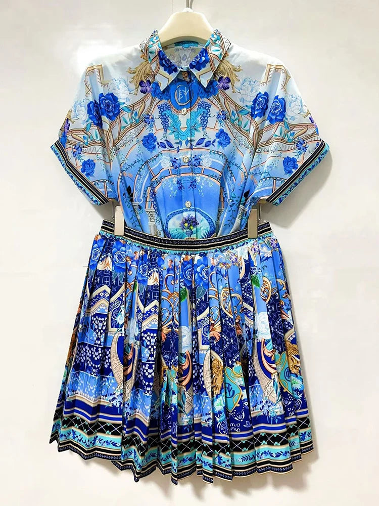 Designer retro geometric print lapel short-sleeved shirt two-piece 2026 summer women's dress+loose pleated skirt fashion suit