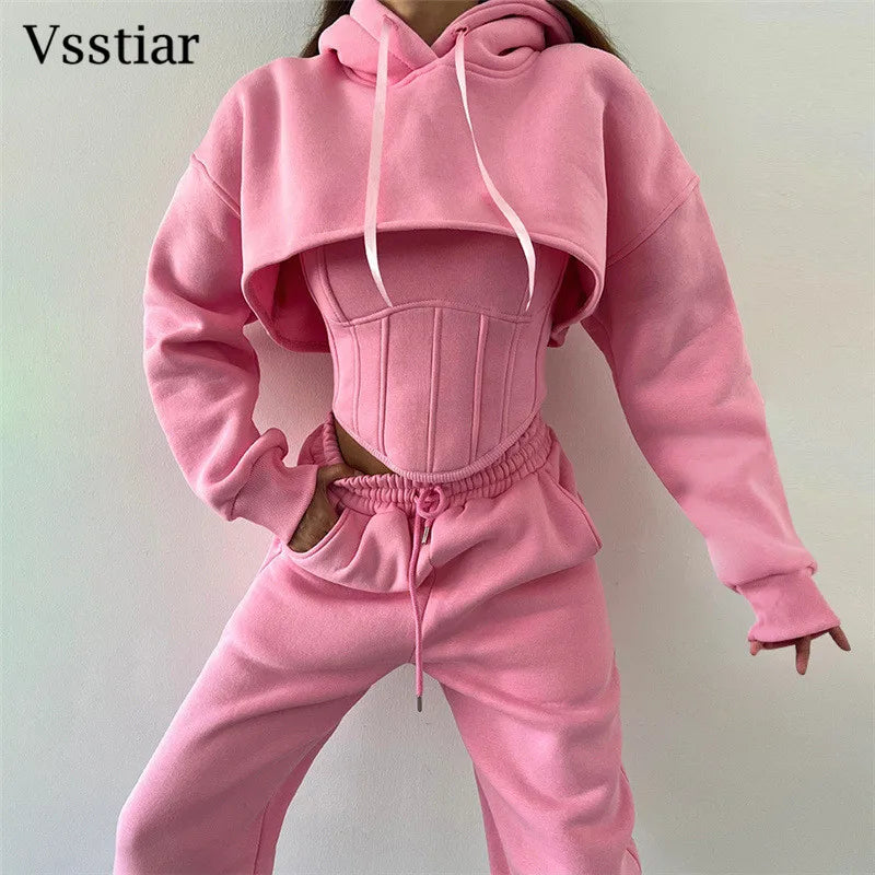 Vsstiar Women Three Piece Set Long Sleeve Hooded Crop Top Irregulary Tanks Pockets Pants Casual Tracksuit Fashion Female Clothes