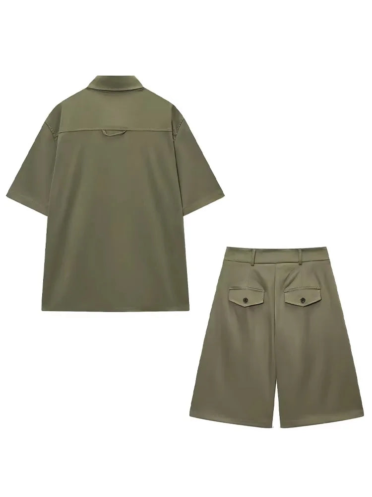 HH Women Summer Solid 2-Piece Set Button Pocket Decoration Short Sleeve Lapel Shirts+High Waist Pleated Zipper Casual Shorts