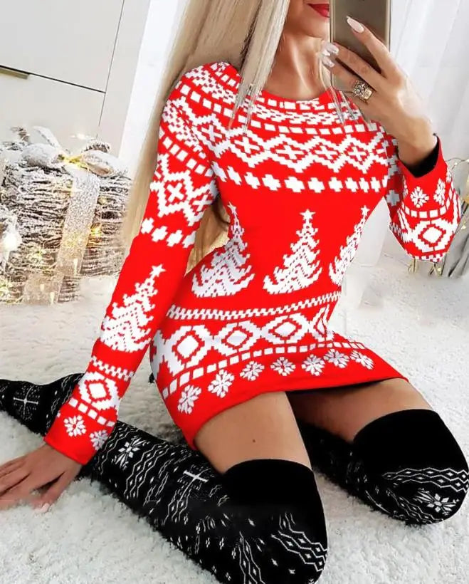 Christmas Women's Dresses 2024 Autumn Long Sleeve Fashion Snowflake Elk Print Casual O-Neck Daily Skinny Mini Dress