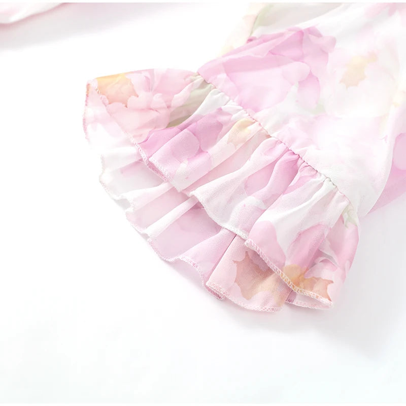 Organza Floral Printed Maxi Dress V-neck Puff Sleeve 2026 Spring/summer Romantic Women Party Gown Fashion Elegant Lady Vestido