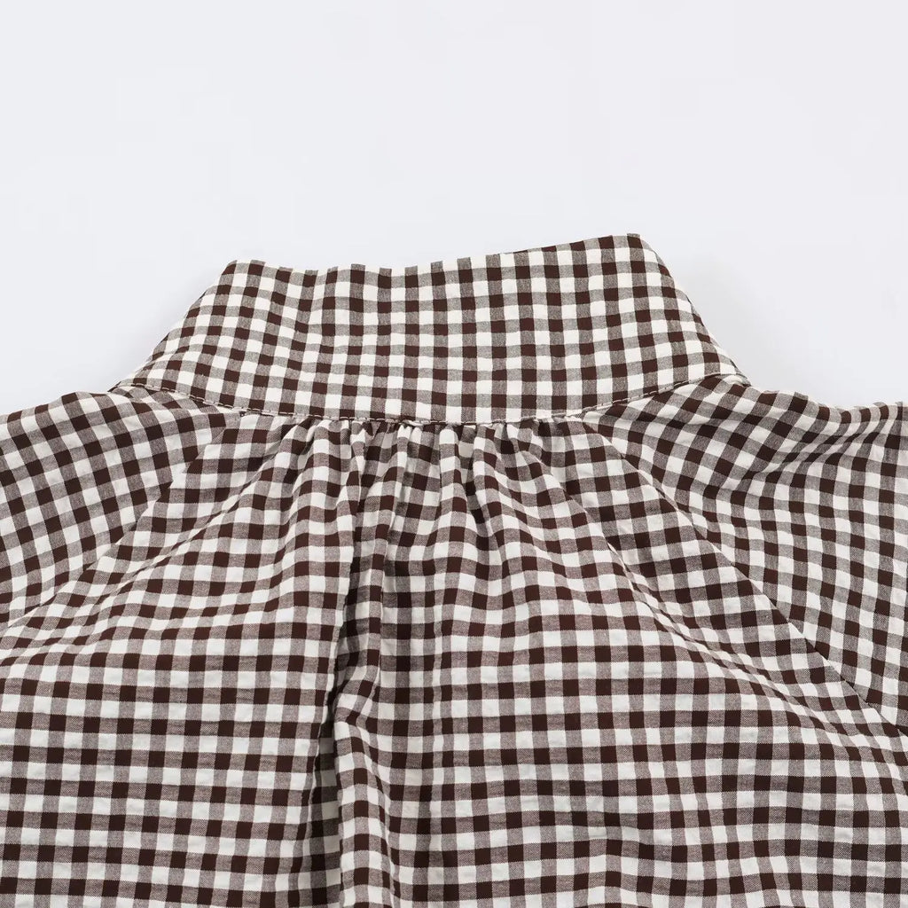 Women's Plaid Jacket, Vintage Gingham Check Coat, Stand Collar Long Sleeve Button Up Outerwear, Loose Casual Autumn Windbreaker