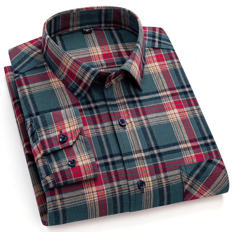 Men's Winter Chic Long Sleeve Shirt Cotton Flannel Plaid Button-Up Comfortable Warm Top for Business Casual Dress Shirts New