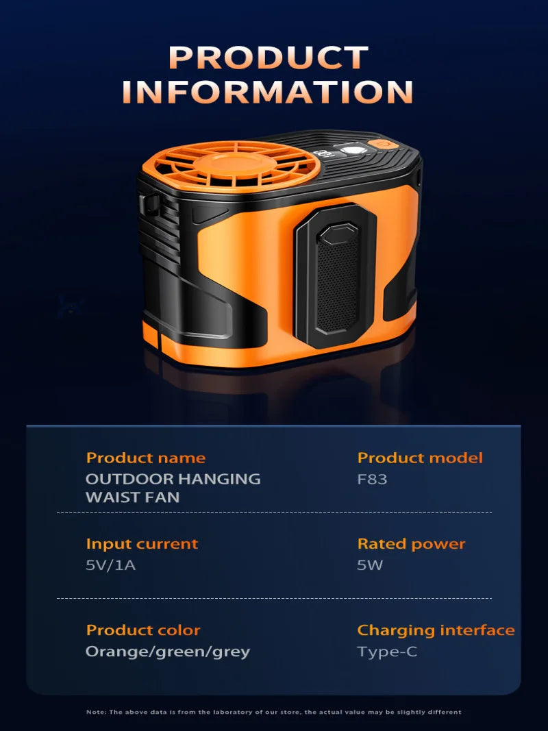 Portable Waist-mount Fan High-speed Cooling Rechargeable Mini Hanging Neck Fan for Outdoor, Construction Site and Food Delivery