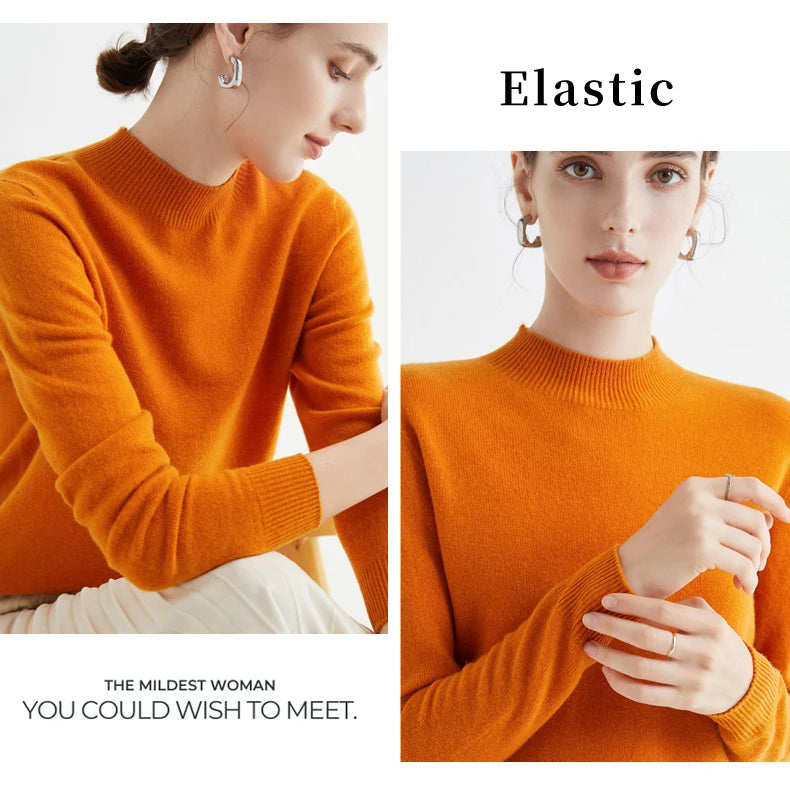 First-Line Seamless Women's Half-Turtleneck 100% Pure Wool Sweater Solid Color Long Sleeve Pullover Knitted Bottoming Sweater