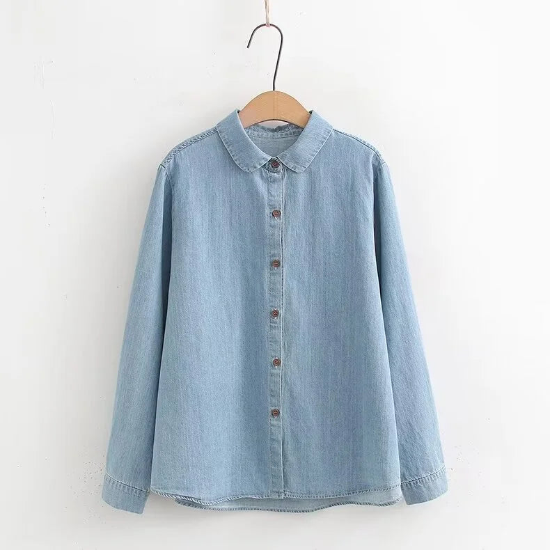 Mori kei denim blouses women spring autumn Japanese peter pan collar blue solid denim shirts casual jean basic shirts