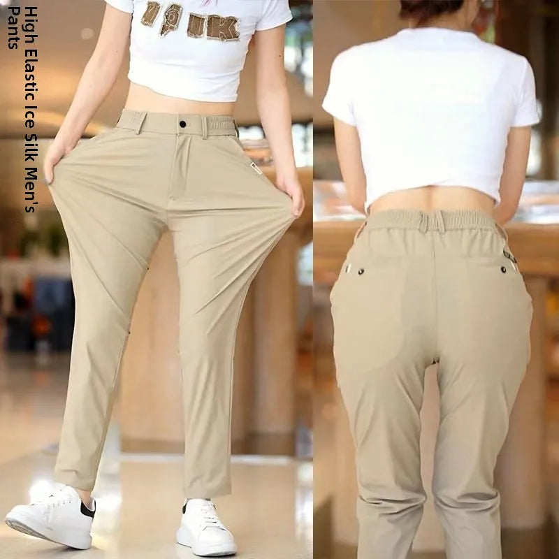 High Elasticity Ice Silk Casual Pants Men's Summer Thin Style Quick Dry Fashion Business Straight Leg Pants