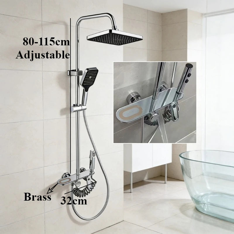 Four Ways Water Outlet Brass Bathroom Shower Set Hot Cold Bathroom Shower Faucet Full Set Grey/Chrome Rainlfall Shower System