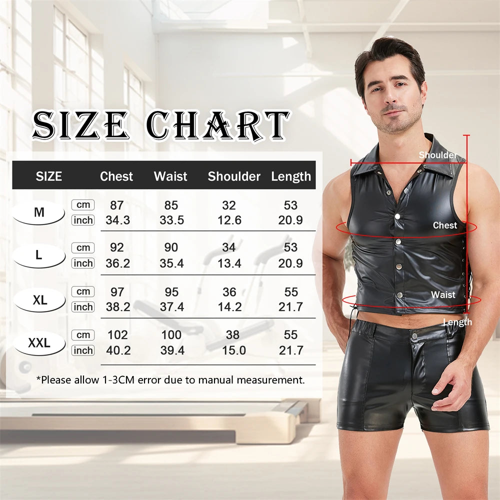 Men's Black Faux Leather Tank Tops With Low Rise Briefs Sexy Side Lace-up Button Nightclub Dance Costumes Mini Vest T-shirts Set
