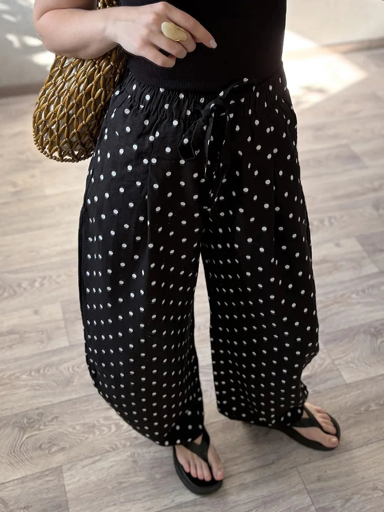 Polka Dot Cotton Linen Pants White Women Wide Leg Summer Spring Baggy Trousers For Woman High  Waist Linen Loose Pants Women