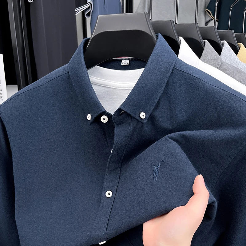 High End 100% Pure Cotton Long Sleeved Men's 2026 Spring Fashion Solid Color Business Casual Small Horse Logo Shirt
