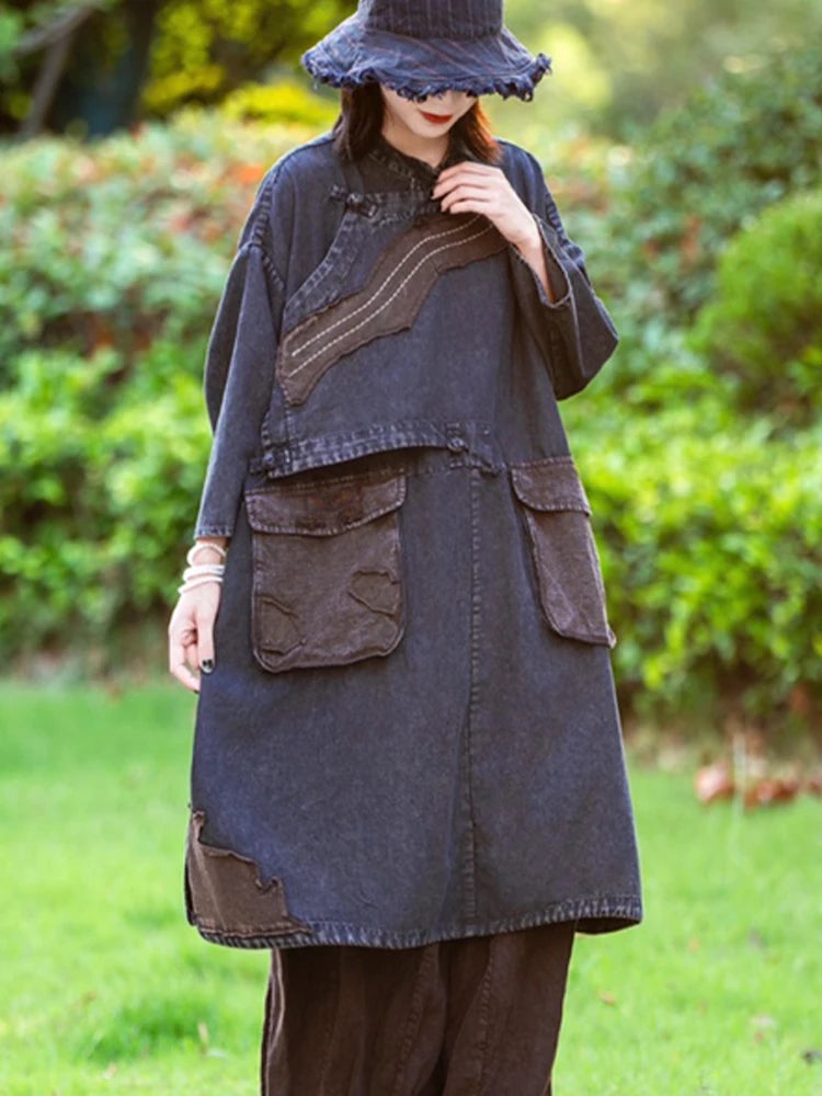 Amax LuluE Spring Chinese Womens Casual Oversized Patchwork Denim Dress Ladies Vintage Loose Fashion Vestidos Classic Clothing