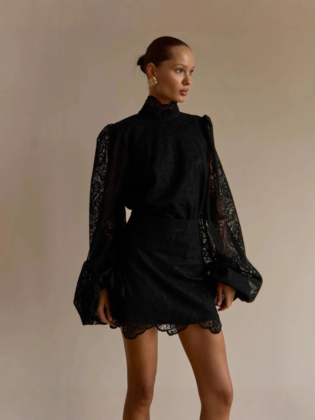 Spring 2026 Women's Lace Hollow out Mini Dress Two-Piece Set with Elegant Long Sleeve High Neck Design Chic Club Night Outfit