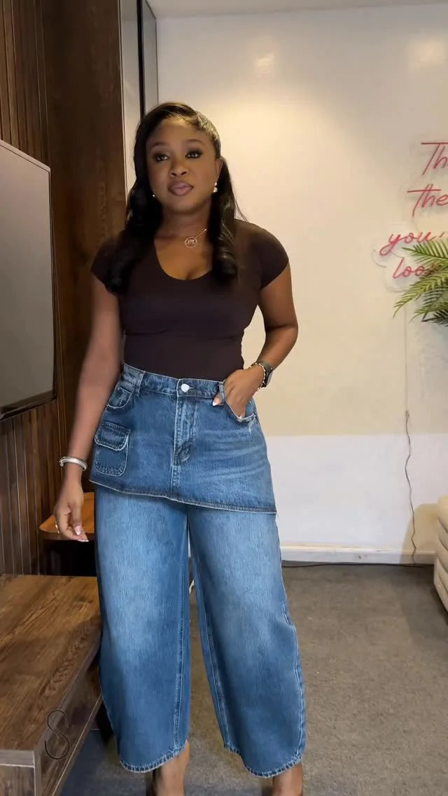Fashion High Waist Denim Wide Leg Jeans for Women Detachable Skirt Layered Cargo Pocket Streetwear Baggy Jeans Denim Trousers