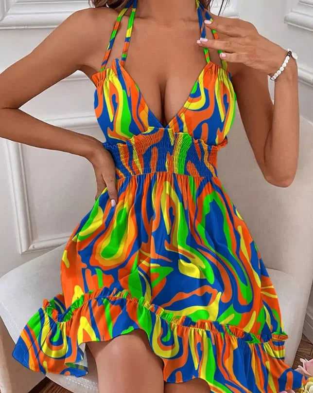 Women Summer Halter Deep V Neck Sundress Sexy Backless Ruffled Smocked Short Dress Waist Open Back Dress Mini Skater Dress 2024