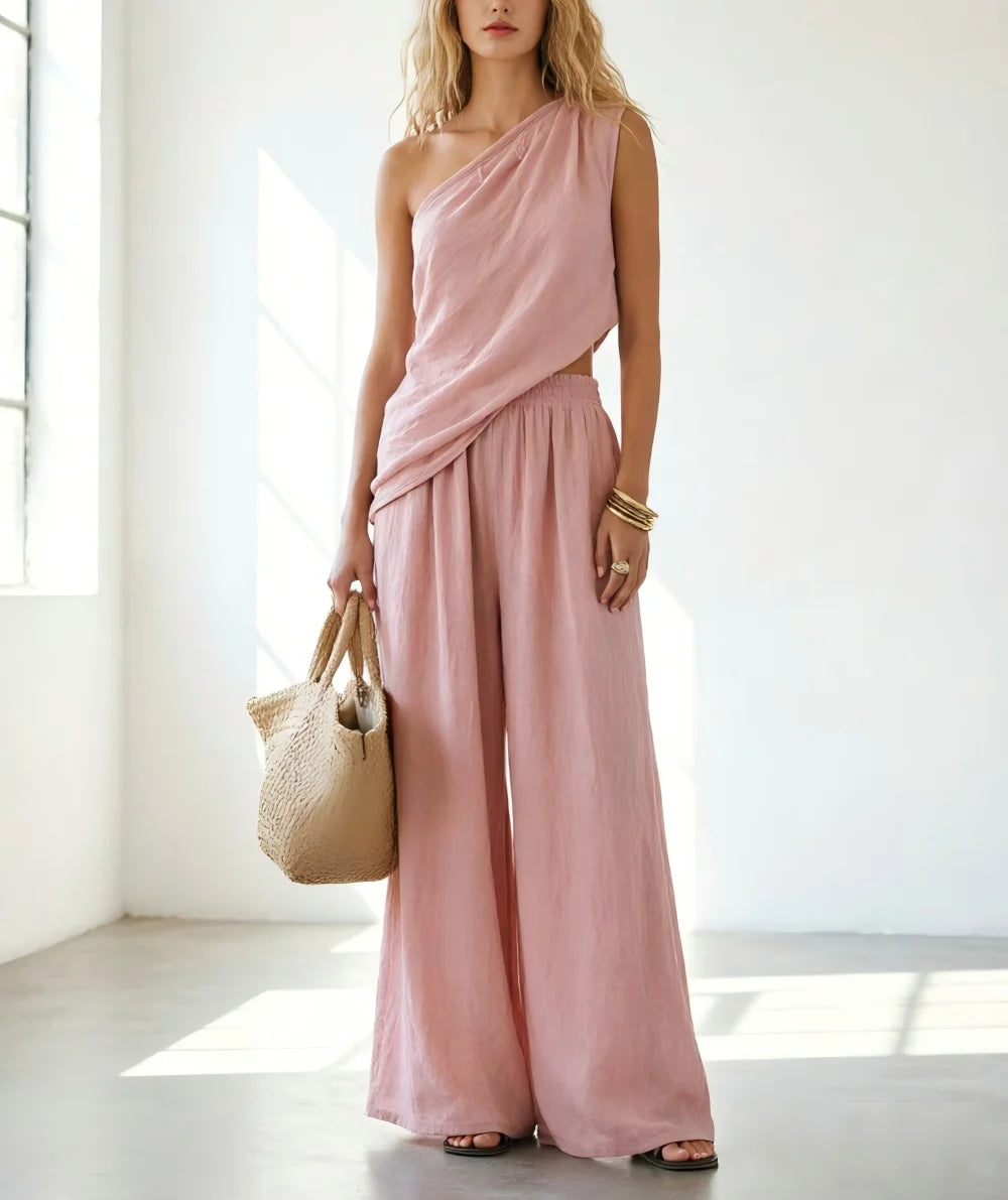 Summer Women Slant Shoulder Top & Wide Leg Pants 2 Piece Outfit Cotton Linen Casual Matching Suit