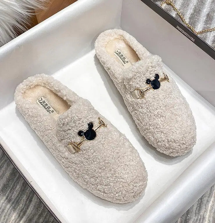 Winter Warm Plush Mules Women One Band Fur Slippers Cozy Cotton Shoes Woman Flats Cover Toe Fleeces Slides Femme Wool Pantuflas