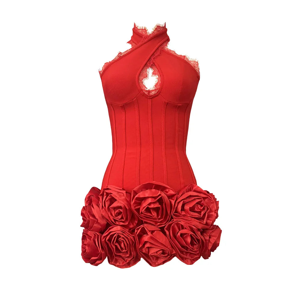 Women Sexy Hollow Out Lace Patchwork Bandage Dress Fashion Flowers Club Party Mini Dresses