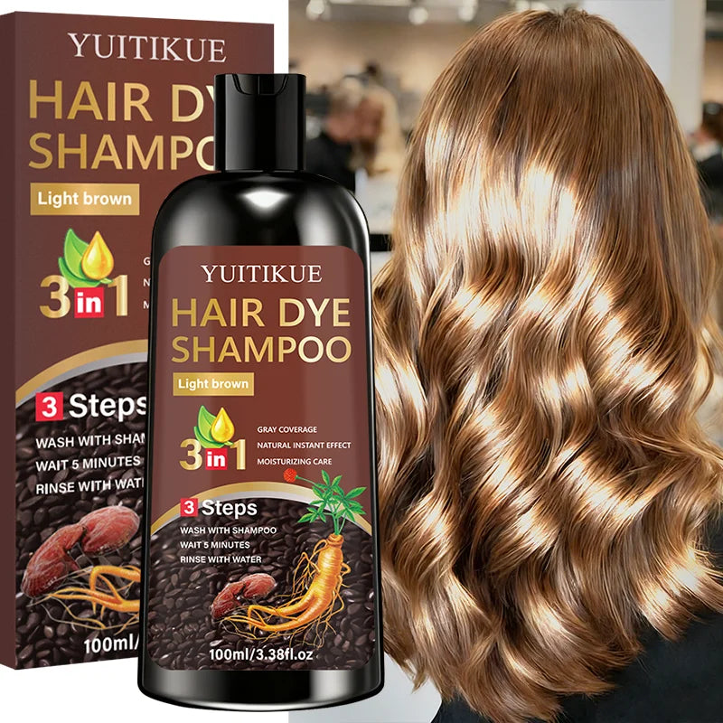 YUITIKUE Light Brown Hair Dye Shampoo 100ml 3-in-1 Gray Coverage Instant Moisturizing Hair Color Care