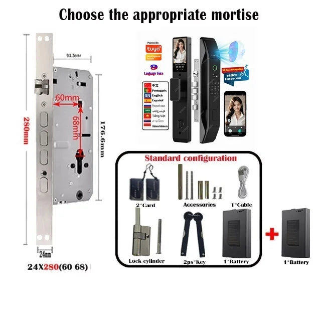 Tuya Wifi App Face Polyglot Electronic Door Lock Fingerprint Recognition Password Smart Digital Lock Key Card 6068 Mortise Lock