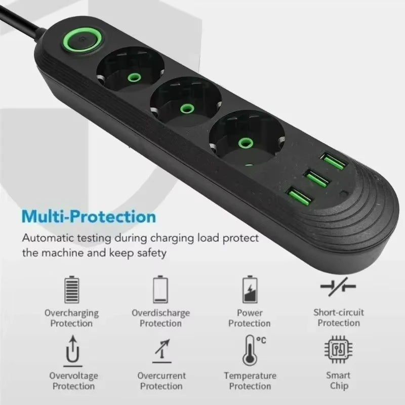 EU Plug AC Outlet 2500W Multiports Power Strip AC Outlet with 3USB Port 2m Extension Cable Round Pin Electrical Charger Adapter