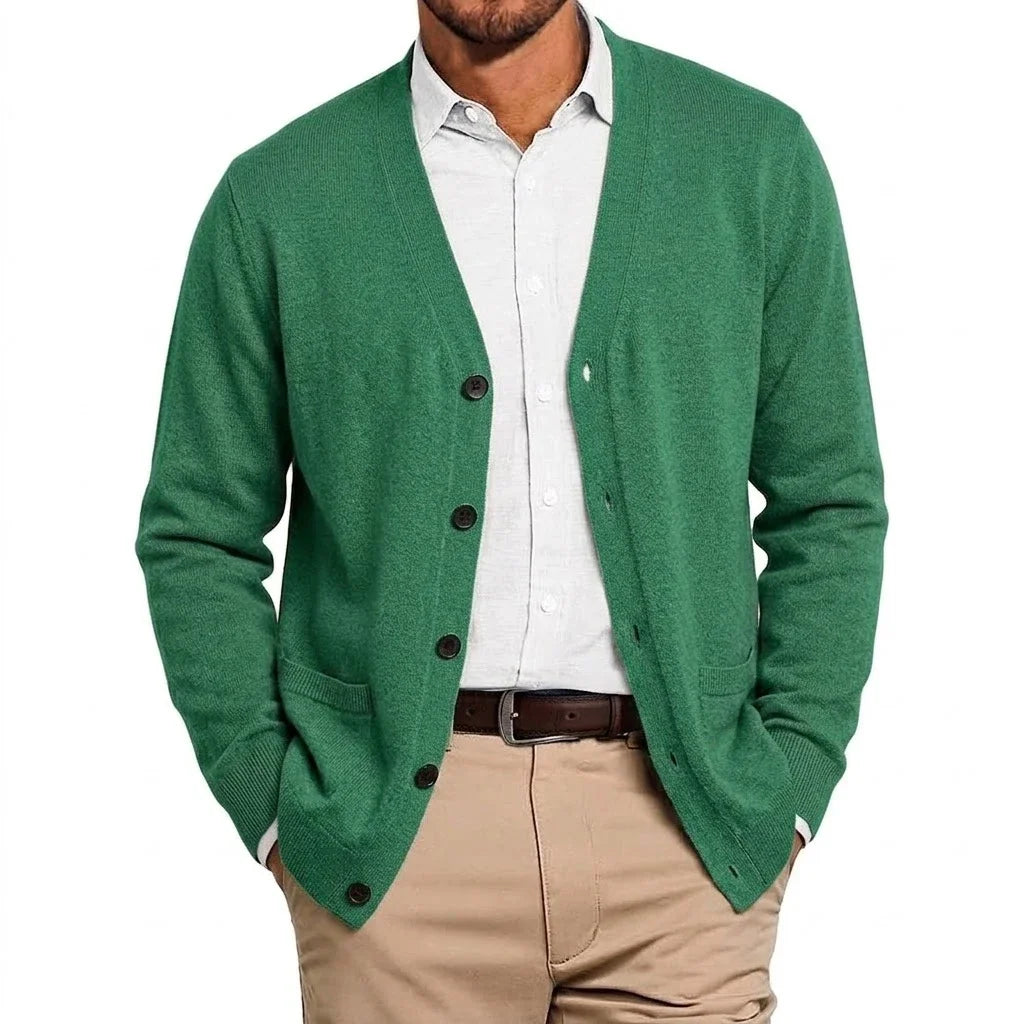 Mens VNeck Open Cardigan Jumper Button Front Knit Apparel Long Sleeve Knit Sweat Tops with Pockets Outer Garment for Males