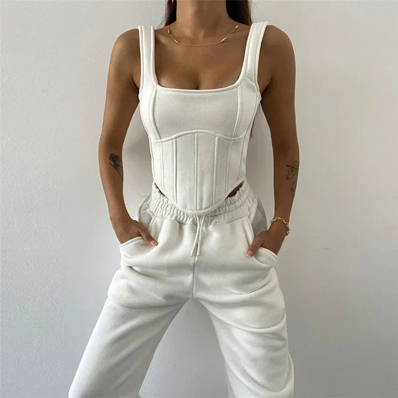 New Lace Up Pants Sets Women Slim Solid Splice Tank Tops Woman Long Sleeve Short Hoodies And Pant Suits Women Outfits Winter