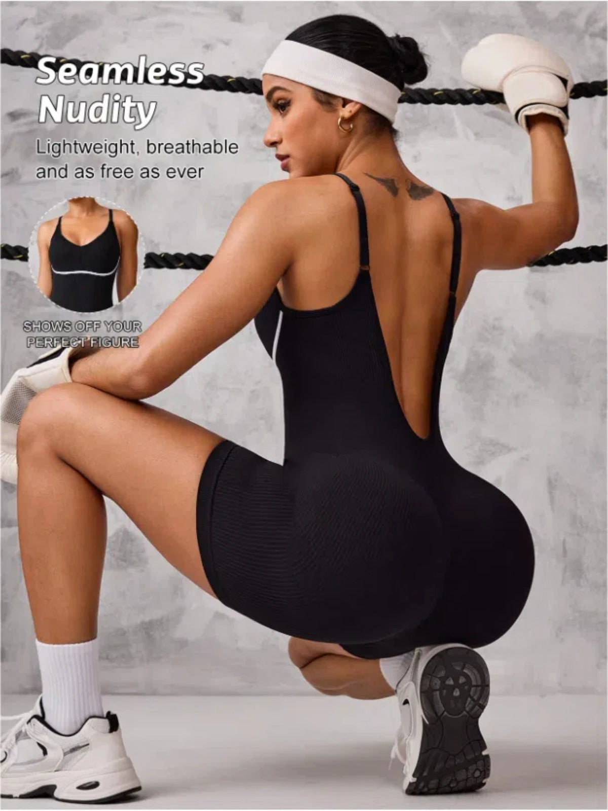 Women Contrast Line Cami Jumpsuit Tummy Control Butt Lifting Bodycon Short Unitard For Yoga Pilates Fitness Workout