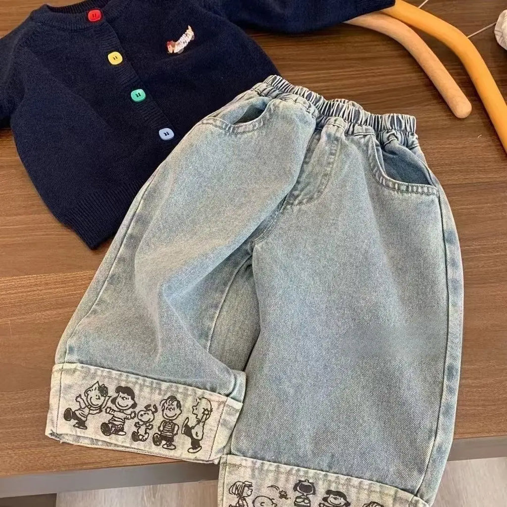 Spring Autumn Baby Boy Wide Jeans Korean Casual Cartoon Outwear Children Boy Denim Pants Loose Elastic Waist Kid Boys Trousers