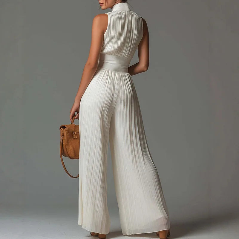 Sexy Deep V Neck Hollow Zip Jumpsuit Women's Spring Solid High Waist Wide Leg Romper Summer Sleeveless Pleated Vacation Overalls