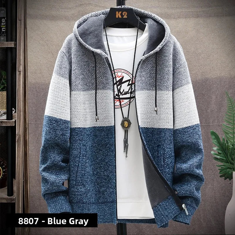 Men's Knitted Sweater Cardigan Thickened Fleece Hooded Casual Style Warm Outerwear Autumn Winter New Arrival Korean Version