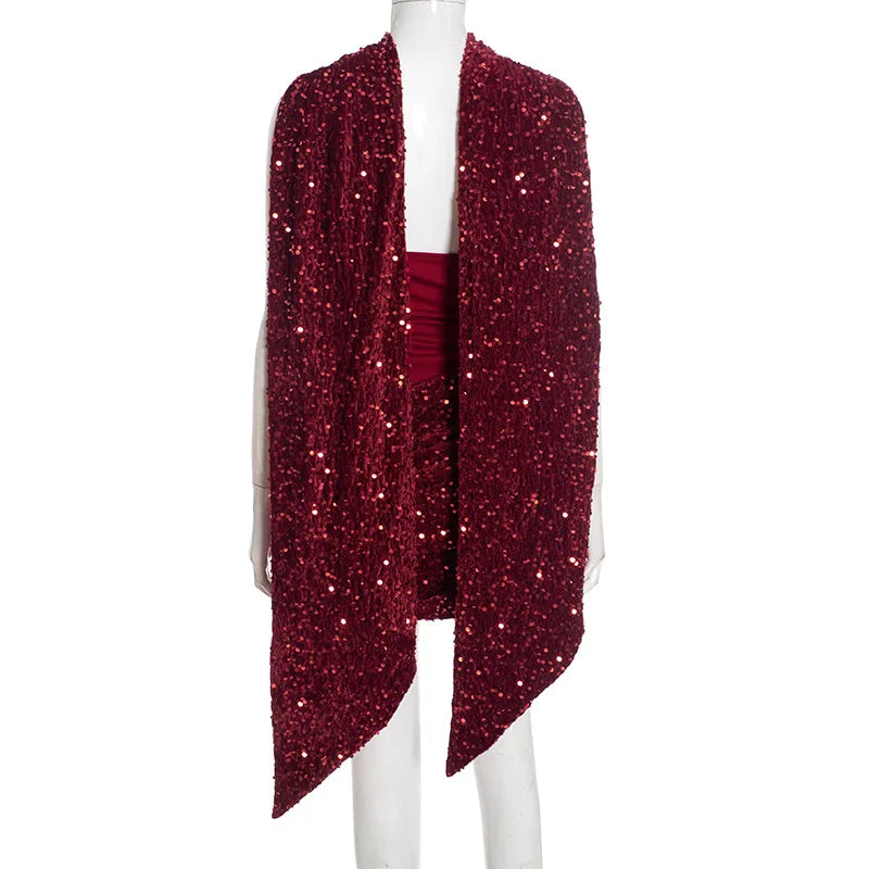Chic Sequin Patchwork Strapless Mini Dress Women Scarf Collar Off-shoulder Waist Cinching Pleated Robe Lady Evening Party Gowns