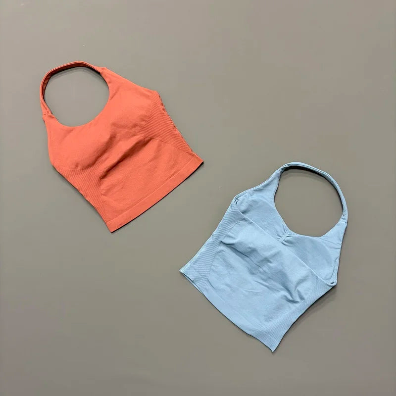 Halter Yoga Tank Top Women Sexy Seamless Strappy Backless Slim Fit Padded Breathable Gym Fitness Running Workout Sports Tops