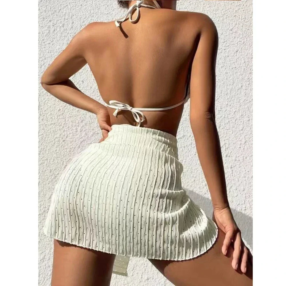 Trendy Women's 3 Piece Halter Bikini Set Sexy Thong Swimsuit Summer Bathing Suit Cover Up Thong Swimwear Biquini Brasileiro