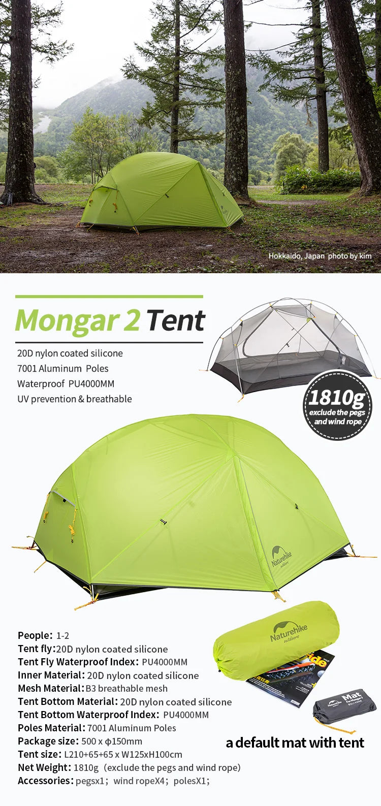 Naturehike Mongar Tent Camping Tent 2 Person Ultralight Professional Waterproof & Windproof Backpack Tent 20D Nylon Travel Tent