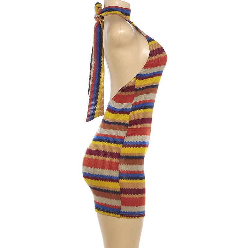 Cryptographic Striped Knit Halter Mini Dress Colorful Contrast Sleeveless Backless Summer Casual Clubwear Bodycon Short Dresses
