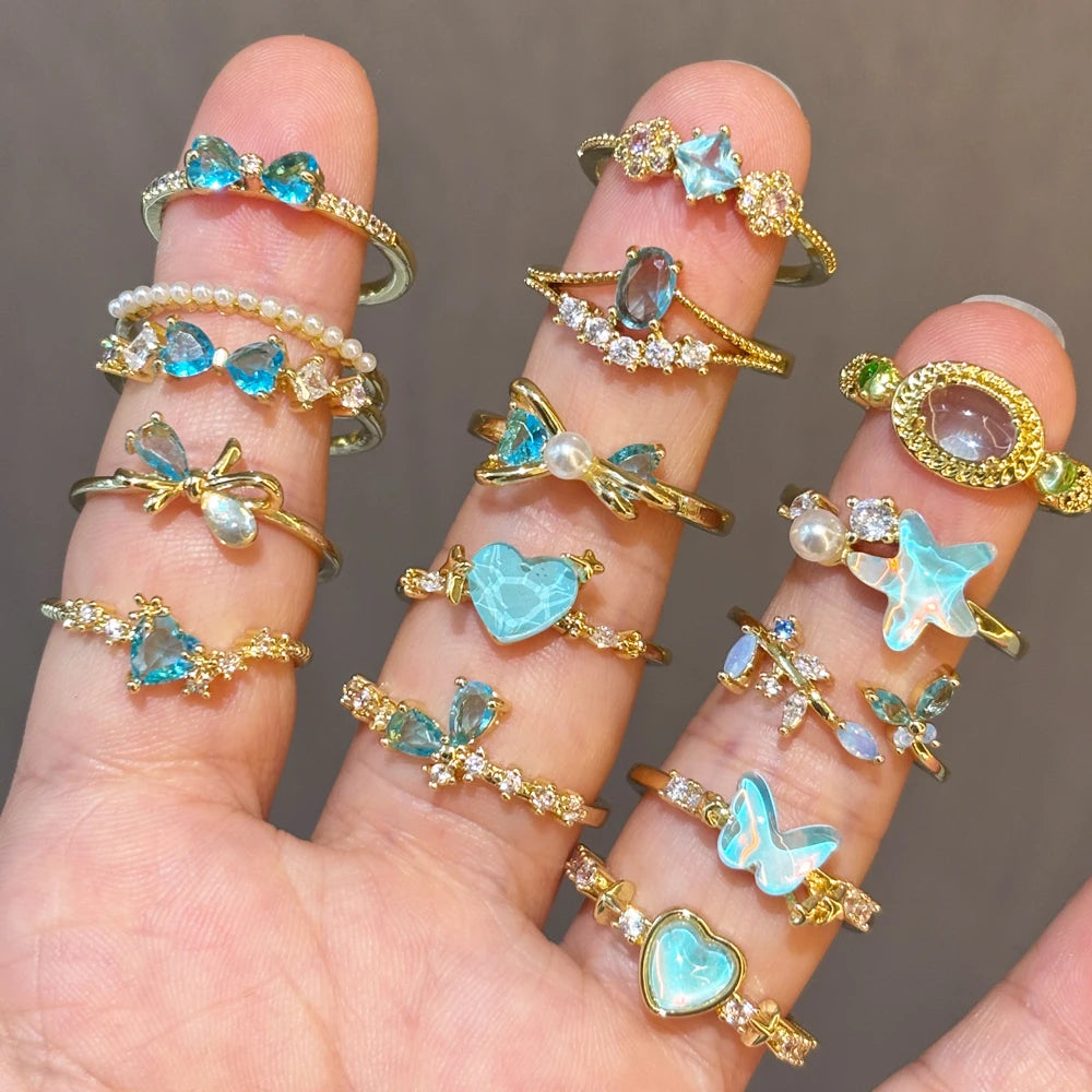 Vintage Blue Crystal Bow Knot Rings Women Gold Plated Open Adjustable Ring Sweet Heart Zircon Pearl Finger Ring Fashion Jewelry
