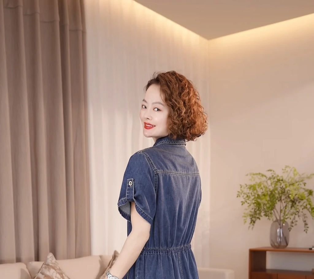 Denim Dress For women Summer 2026 New Female Single Breasted Short sleeved Slim Temperament Casual Dresses With pockets