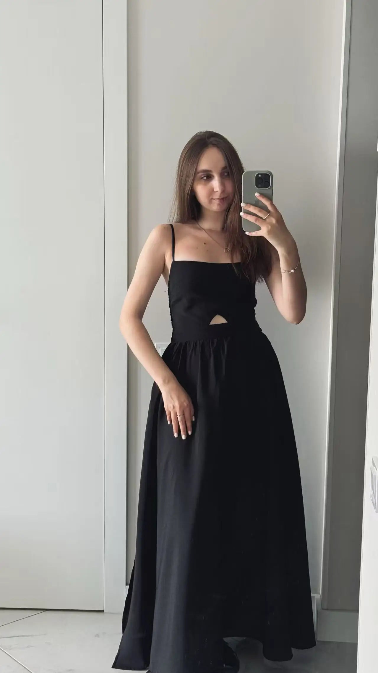 FSMG Fashion Black Breathable Sleeveless Backless Halter Dress Summer Sexy Spaghetti Strap Hollow Out Pockets Side Long Skirt