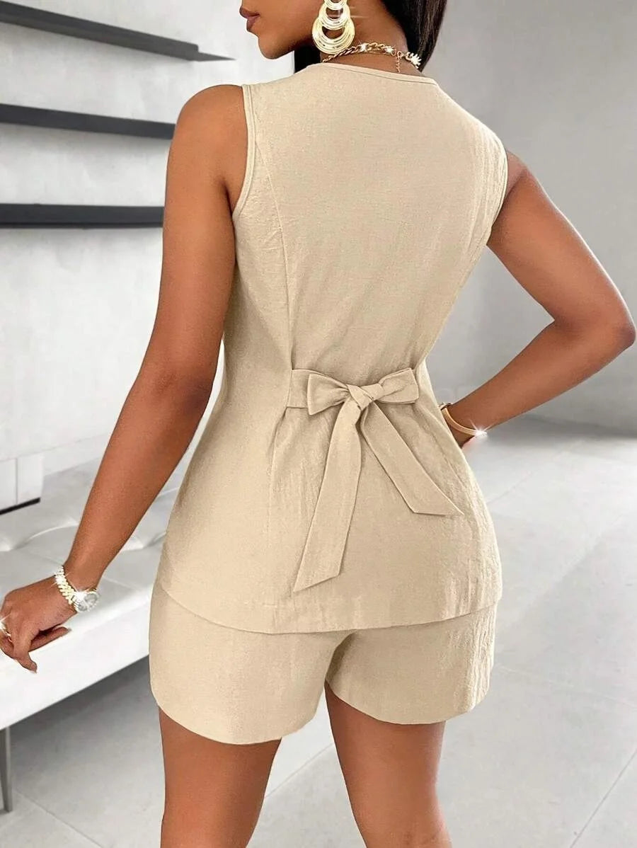 Fashion Casual Shorts Set 2-piece Women's Comfortable Casual Solid Color Button Sleeveless Vest Lace Up Shorts Set