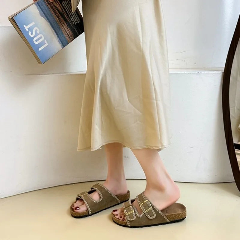 Women's Flat Slide Sandals Open Toe Suede Look Double Buckle Strap Slip on Whipstitch Detail Casual Summer Daily Walking Shoes