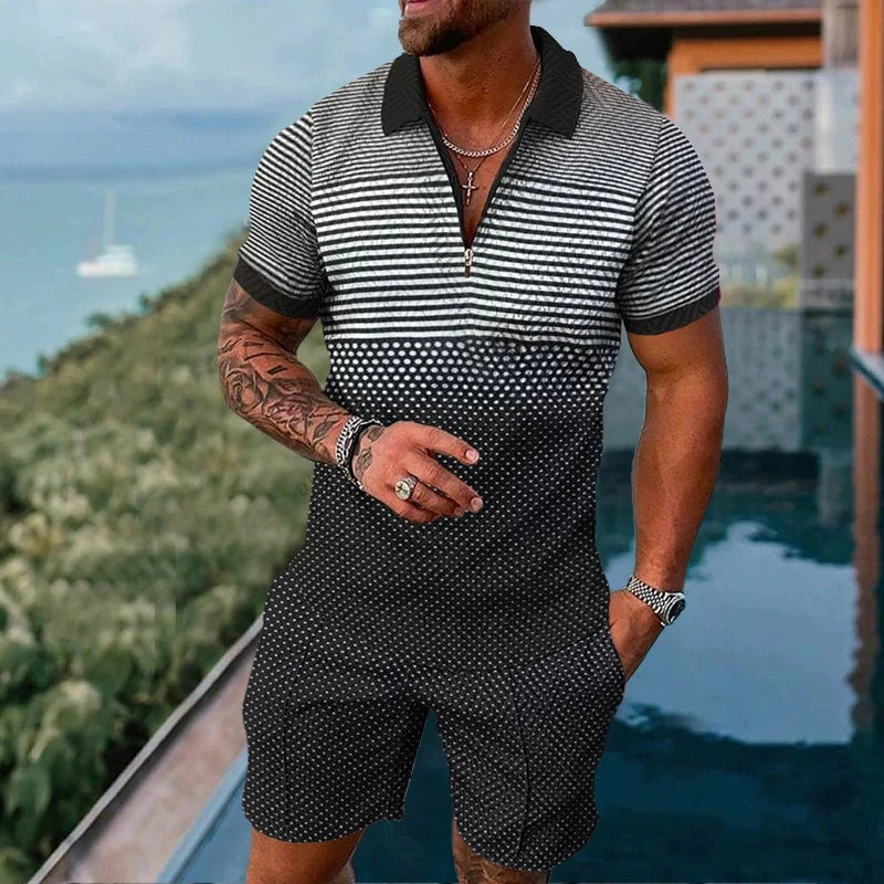 Men Zipper Polo Shirt Suit 2 Pcs Tracksuit Summer 3D Print Beach Boho Geometric Style Holiday Clothing Ensembles De Sport