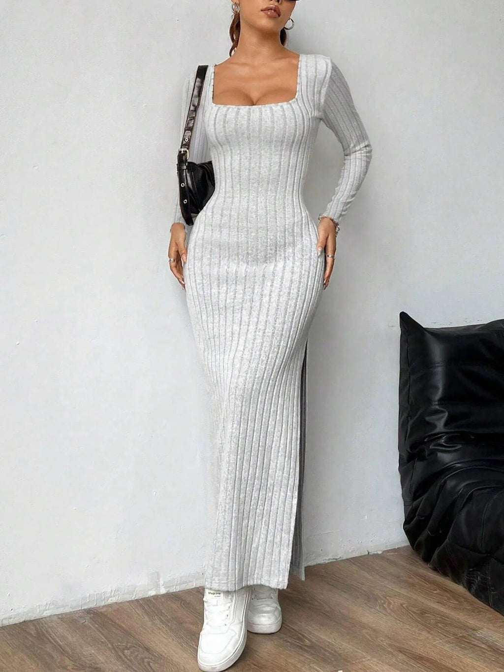 Elegant Women Summer Dress Square Neck Backless Long Sleeve Midi Dress Simple Chic Design